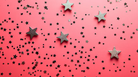 Minimal gift card on a pastel pink background with scattered glitter and small metallic stars.の素材