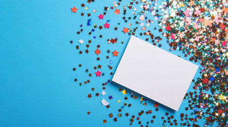 Blank card with rounded edges on a sparkling blue background with scattered holographic star confetti.の素材