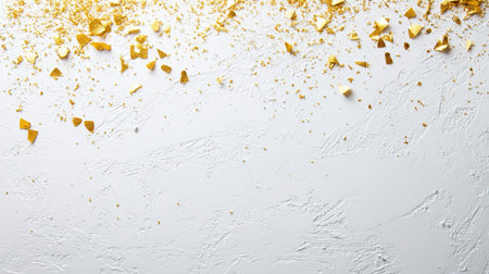 Vertical card on a white surface with scattered confetti and small hints of metallic gold.の素材
