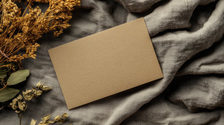 Kraft paper gift card mockup surrounded by dried herbs on a neutral linen fabric.の素材