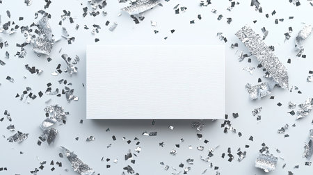 Minimal card mockup surrounded by shimmering silver confetti on a smooth white surface.の素材