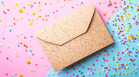 Kraft paper birthday card mockup with scattered candy sprinkles and a cheerful pastel backdrop.の素材