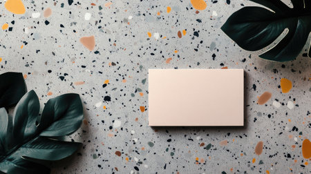 Business card mockup resting on a terrazzo surface with small plant leaves and earthy tones.の素材
