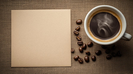 Kraft paper card on a burlap sackcloth background with coffee beans and a steaming cup of coffee in the corner.の素材