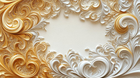 An abstract card design with swirled patterns in shades of gold, silver, and white, leaving ample space in the middle for a message.の素材