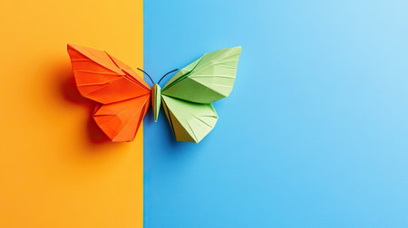 An origami butterfly in vibrant colors sitting on a solid color background, surrounded by an empty area for a message.の素材