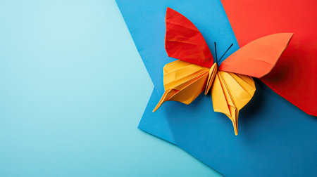 An origami butterfly in vibrant colors sitting on a solid color background, surrounded by an empty area for a message.の素材