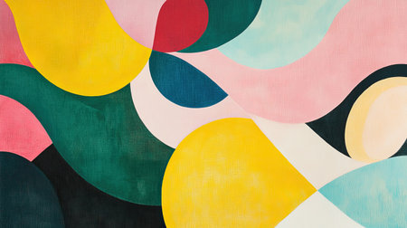 A colorful abstract card design with overlapping curves and swirls in vivid hues of yellow, pink, and teal, providing space for personalization.の素材