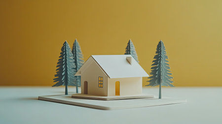 A D card featuring a layered pop-up house design with trees, arranged on a clean table.の素材