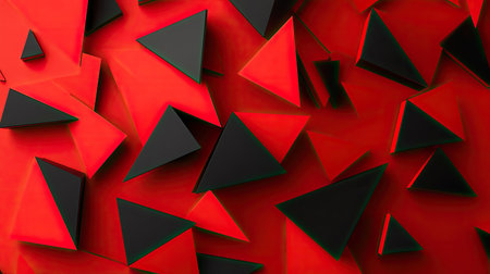A geometric abstract card design with overlapping triangular shapes in vibrant reds and blacks, leaving open space for adding text.の素材