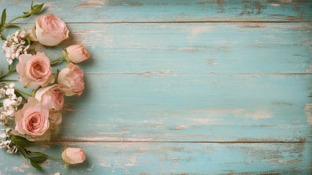A charming vintage greeting card with floral patterns and soft pastels, lying on a rustic wooden surface with space to add copy.の素材