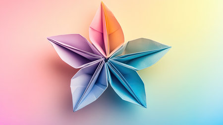 A single origami flower on a soft pastel background, with light shading and ample space for text or greeting in the center.の素材