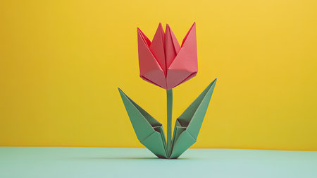 A single origami tulip on a white surface, offering ample space for a personal message or greeting in the center.の素材