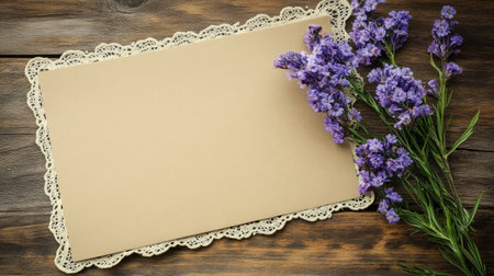 A rustic handmade card with kraft paper, lace edges, and pressed flowers, placed on a wooden table with copy space.の素材
