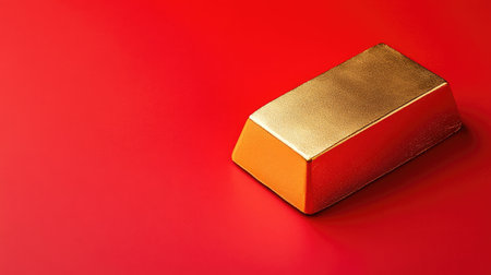 A minimalist composition of a golden ingot placed on a red background with ample negative space.の素材