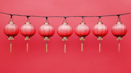 A decorative shot of Chinese lanterns hanging in a row, set against a plain red background with negative space.の素材
