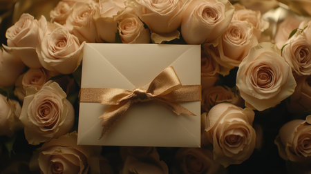A folded note with a gold ribbon, placed next to a bouquet of soft pink roses.の素材