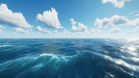 A clear blue ocean with gentle waves under a bright, cloudless sky, offering a classic summer feel.の素材