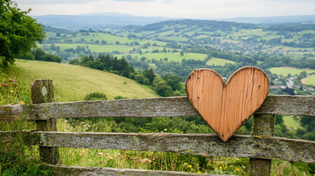 A wooden heart placed on a rustic fence overlooking a rolling green hillside.の素材