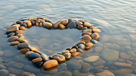 A tranquil riverbank with a heart-shaped pattern made from smooth pebbles near the water.の素材