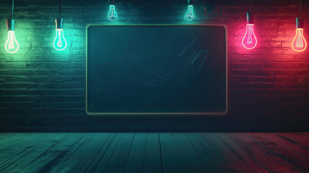 A futuristic glowing chalkboard with soft lightbulb sketches and empty space for content.の素材