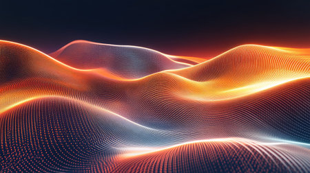 A futuristic depiction of floating glowing grids merging with colorful data streams. Copy space.の素材