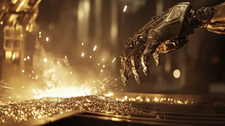 A close-up of a robotic welding arm, applying heat to metal in an industrial engineering facility.の素材