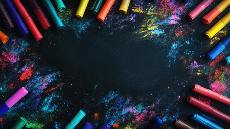 A blank chalkboard concept surrounded by vibrant markers and faint glowing sketches.の素材