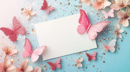 Blank card on a soft pastel gradient background with glittering festive elements for a dreamy tone.の素材