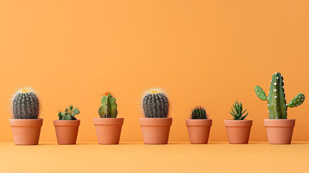 Greeting card styled with small terracotta pots and cacti on a bright orange background for a sunny desert feel.の素材