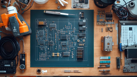 A top-down view of a DIY electronics kit with circuits, wires, and a soldering tool on a workbench.の素材