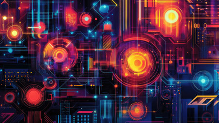 A colorful, geometric design with a focus on interactive elements like menus, icons, and buttons, perfect for a UI project.の素材