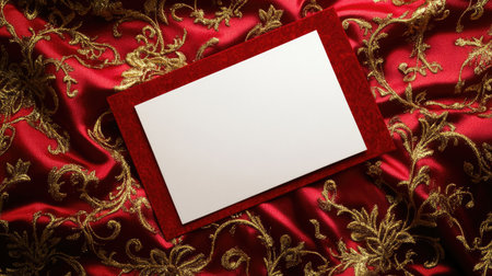Blank card resting on a red velvet surface surrounded by subtle golden decorations.の素材