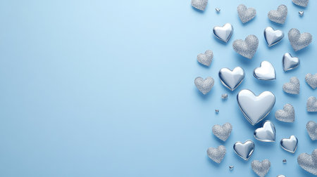 Valentine's Day card on a soft pastel blue background with decorative silver hearts.の素材