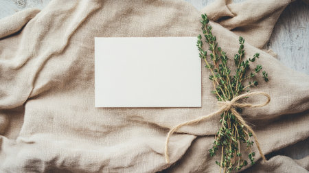 Blank card on a natural linen cloth with hand-tied twine and a sprig of thyme for an earthy, minimal look.の素材