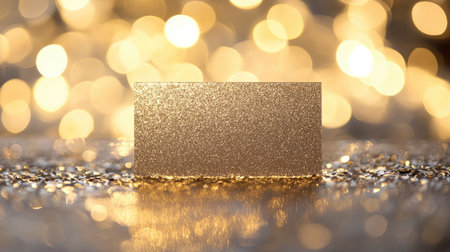 Blank card with golden glitter accents on a shiny metallic surface, clean and luxurious.の素材