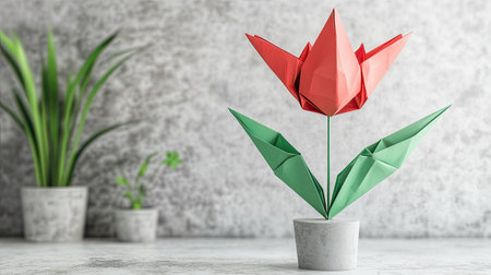 A single origami tulip in vivid colors placed on a clean background with room for customization.の素材