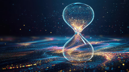 Abstract representation of time with glowing hourglass made of digital particles. Copy space.の素材