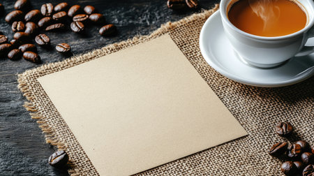 Kraft paper card on a burlap sackcloth background with coffee beans and a steaming cup of coffee in the corner.の素材
