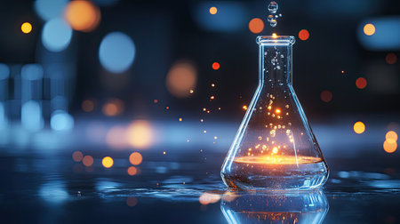 High-speed image of a liquid droplet splashing into a glowing solution inside a beaker. Copy space.の素材