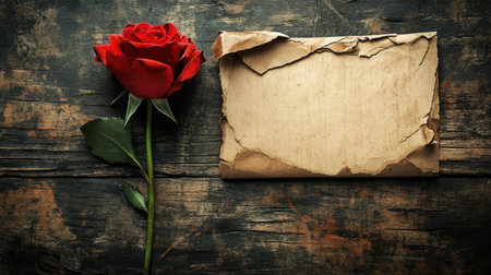 A soft vintage greeting card with retro floral motifs, resting on a distressed wooden table with empty space for adding custom text.の素材