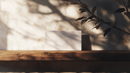 A blank business card standing upright on a wooden shelf with sunlight casting soft shadows.の素材