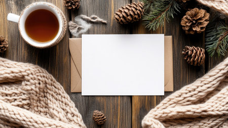 A blank card set in a cozy, warm atmosphere with a knitted scarf and steaming tea.の素材