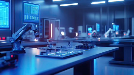 D-printed robotic parts illuminated with soft neon lights in a modern engineering studio.の素材