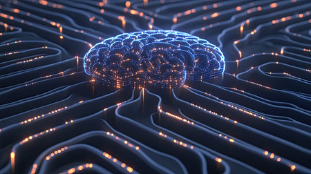 D conceptual image of AI-powered data sorting algorithms visualized as glowing grids and data streams.の素材