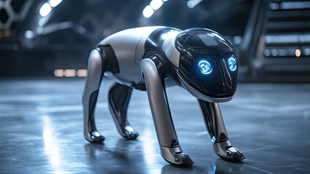 AI-powered robotic dog standing in a clean, futuristic space with glowing sensors and sleek design.の素材