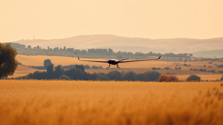 An autonomous drone flying over a field, gathering data autonomously with no manual intervention.の素材