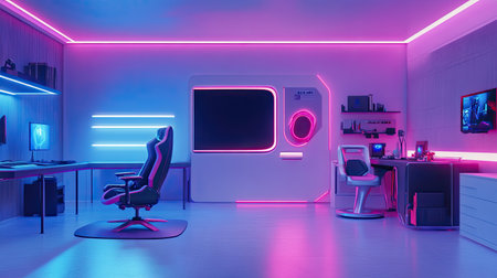 D-printed robotic parts illuminated with soft neon lights in a modern engineering studio.の素材