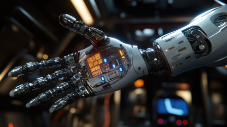 Advanced robotic sensors and artificial intelligence circuitry connected to a robotic arm in a dark environment.の素材