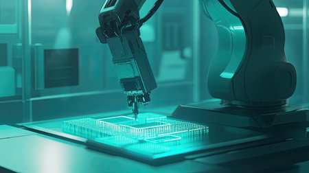 A glowing robotic arm assembling microchips on a minimalist futuristic background.の素材